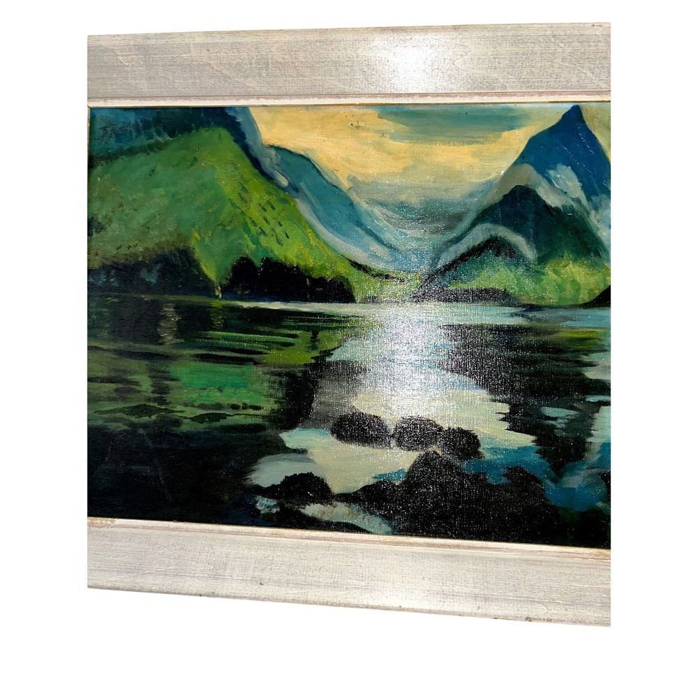 Vintage Art Oil Painting Mountain Lake Landscape 1960's 20x16 England - Picture 2 of 7